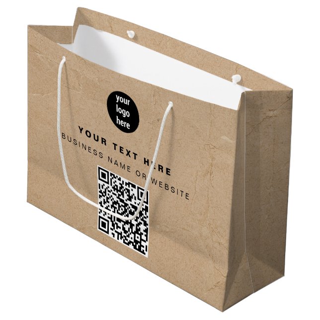 Rustic Kraft Brown QR Code Business Logo  Large Gift Bag (Front Angled)