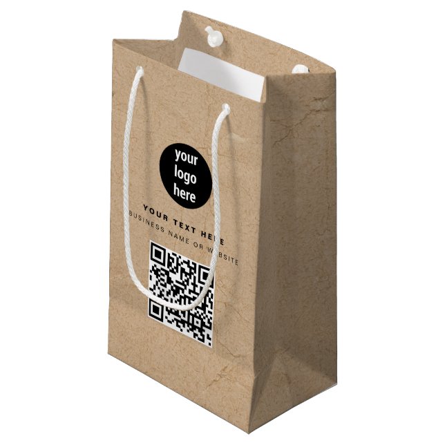 Rustic Kraft Brown QR Code Business Logo  Small Gift Bag (Front Angled)