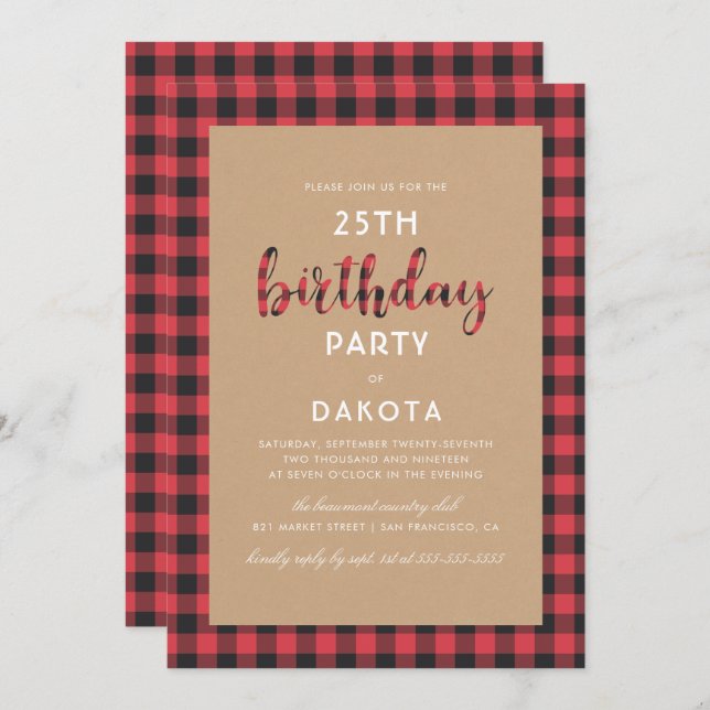 Rustic Kraft & Buffalo Plaid Script Birthday Party Invitation (Front/Back)