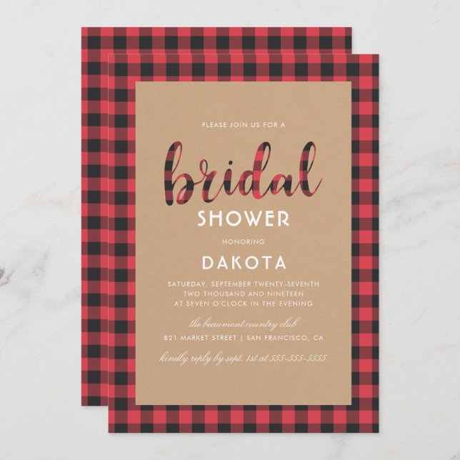Rustic Kraft & Buffalo Plaid Script Bridal Shower Invitation (Front/Back)