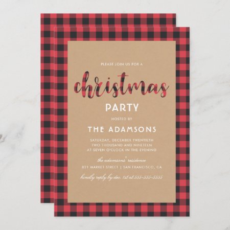 Rustic Kraft Buffalo Plaid Script Christmas Party Invitation
