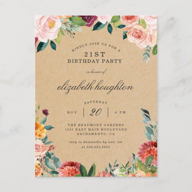 Rustic Kraft Burgundy Blush Floral Birthday Party Invitation Postcard (Front)