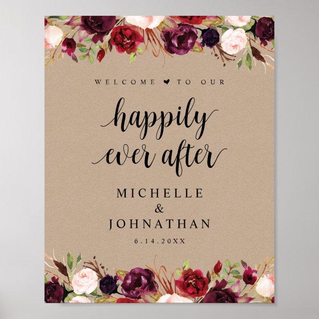 Rustic Kraft Burgundy Floral Wedding Welcome  Post Poster (Front)