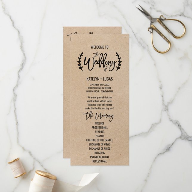 Rustic Kraft Calligraphy Memorial Wedding Program (Front/Back In Situ)