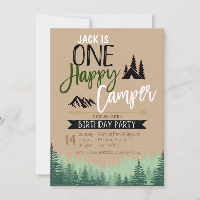 Rustic Kraft Camper Birthday Camping Party Invitation (Front)