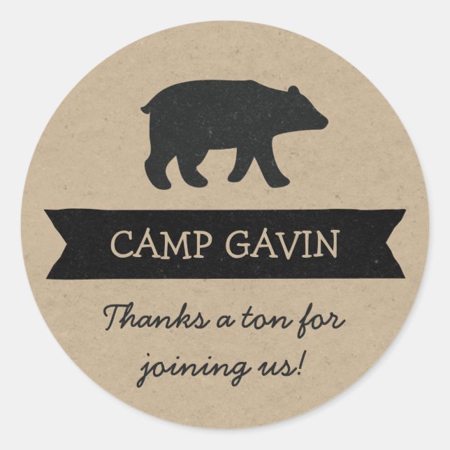 Rustic kraft camping birthday party favor stickers (Front)