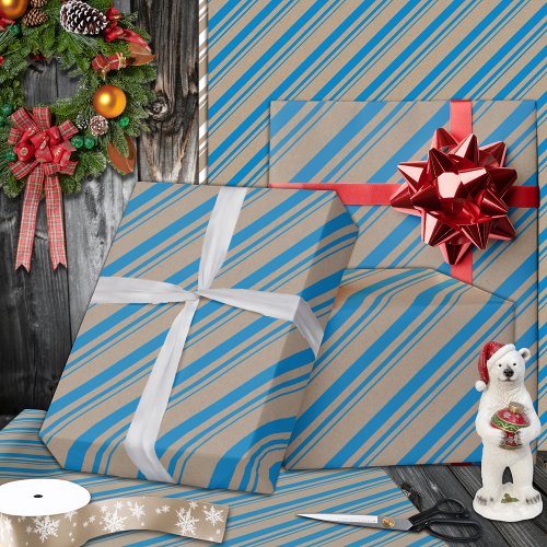 Rustic Kraft Capri Blue Stripes Holiday Wrapping Paper