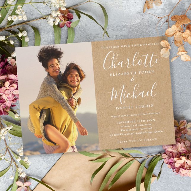 Rustic Kraft Chic Signature Script Photo Wedding Invitation (Creator Uploaded)