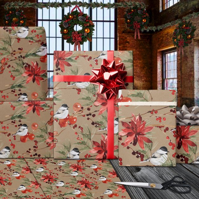 Rustic Kraft Chickadees Red Beries & Poinsettias Wrapping Paper Sheets (Rustic Kraft Chickadees Red Beries & Poinsettias Wrapping Paper Sheets)