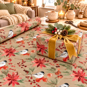 Rustic Kraft Chickadees Red Berries & Poinsettias Wrapping Paper