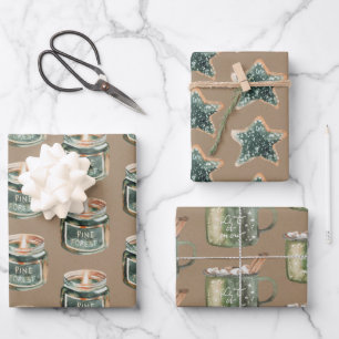 Rustic Kraft Christmas Candles Cookies & Hot Cocoa Wrapping Paper Sheets