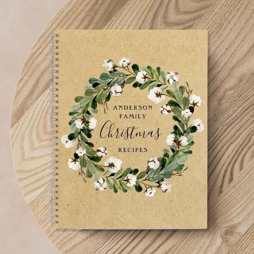 Rustic Kraft Christmas Cotton Wreath Family Recipe Notebook