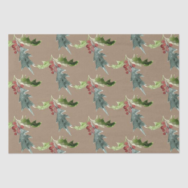 Rustic Kraft Christmas Floral Holly Red Berries Tissue Paper (Front)