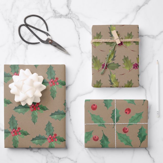 Rustic Kraft Christmas Holly & Berries Wrapping Paper Sheets (Front)