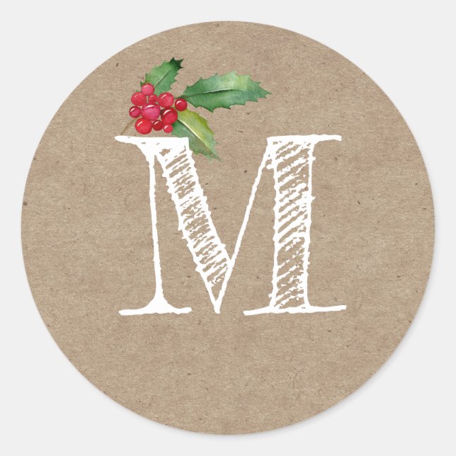 Rustic Kraft Christmas Holly Monogram Initial Classic Round Sticker (Front)