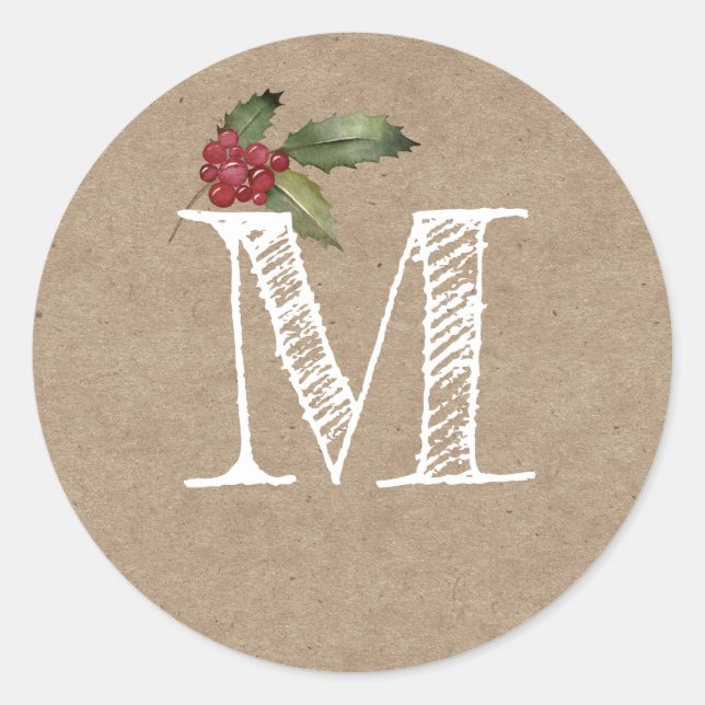 Rustic Kraft Christmas Holly Monogram Initial Classic Round Sticker (Front)