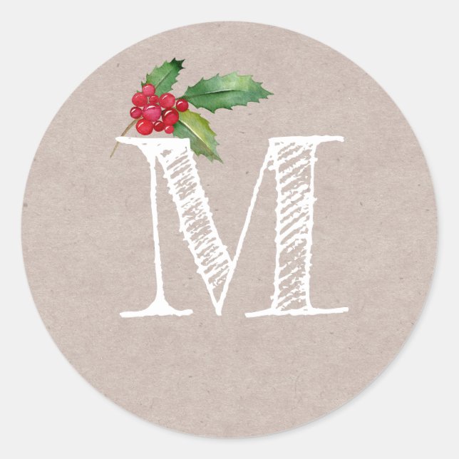 Rustic Kraft Christmas Holly Monogram Initial Classic Round Sticker (Front)