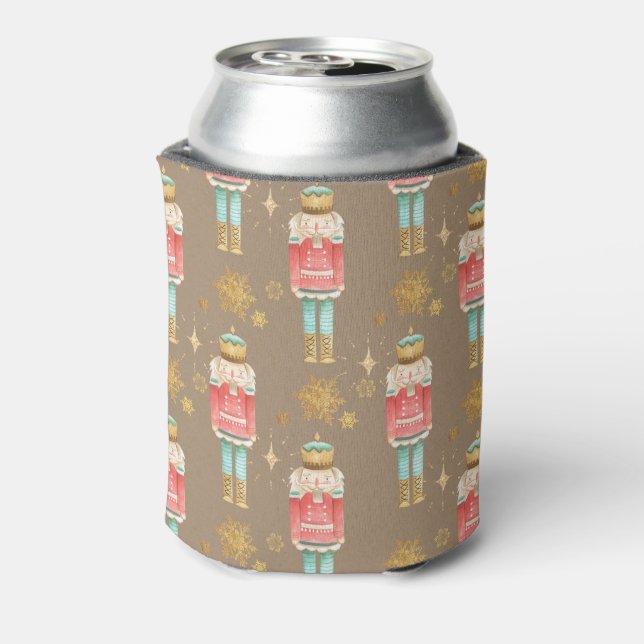 Rustic Kraft Christmas Nutcracker Gold Snowflakes Can Cooler (Can Back)