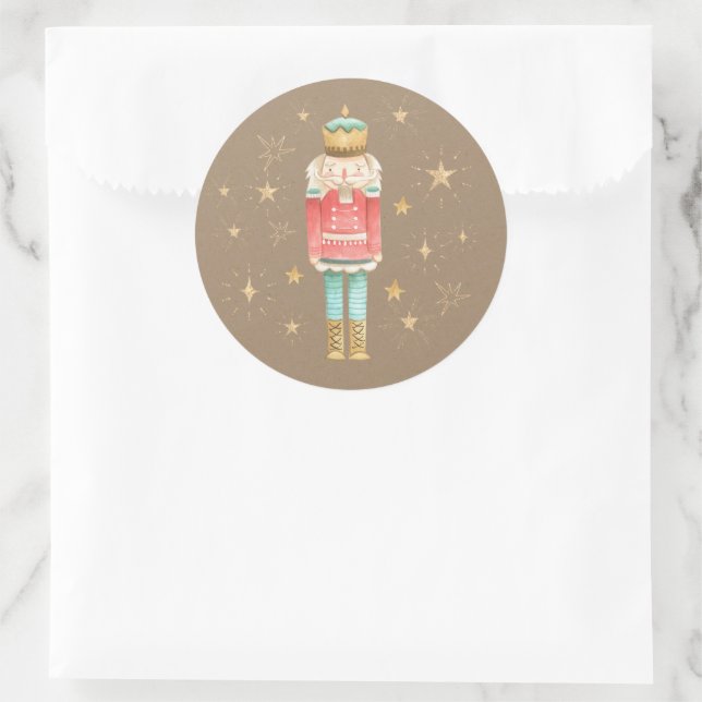 Rustic Kraft Christmas Nutcracker Gold Stars Classic Round Sticker (Bag)