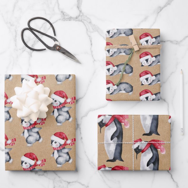 Rustic Kraft Christmas Penguins Wrapping Paper Sheets (Front)