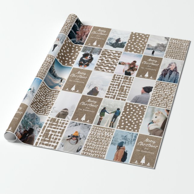 Rustic Kraft Christmas Personalize Collage Photo Wrapping Paper (Unrolled)