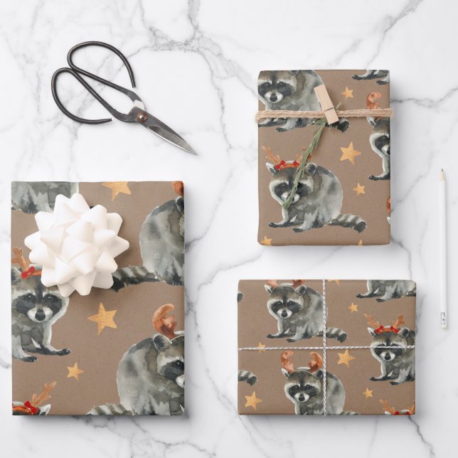 Rustic Kraft Christmas Racoons Under Gold Stars Wrapping Paper Sheets (Front)