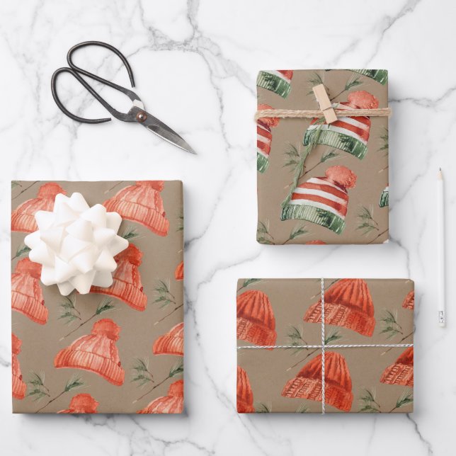 Rustic Kraft Christmas Red Green Wool Tuque Hats Wrapping Paper Sheets (Front)
