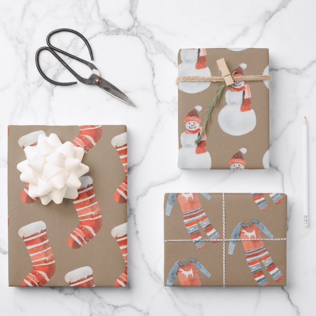 Rustic Kraft Christmas Stockings Snowmen & Jammies Wrapping Paper Sheets (Front)