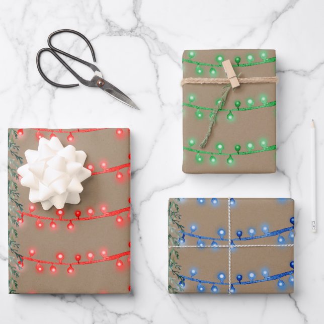 Rustic Kraft Christmas String Light Red Green Blue Wrapping Paper Sheets (Front)