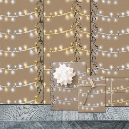 Rustic Kraft Christmas String Lights Silver  Gold Wrapping Paper Sheets