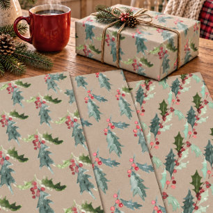 Rustic Kraft Christmas Watercolor Holly & Berries Wrapping Paper Sheets