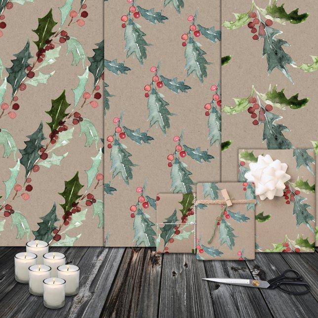 Rustic Kraft Christmas Watercolor Holly & Berries Wrapping Paper Sheets (Rustic Kraft Christmas Floral Holly Red Berries Holiday Gift Wrapping Paper  Sheets Trio)