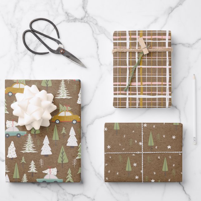 Rustic Kraft Christmas Woodland Cars Scene Wrapping Paper Sheets (Front)
