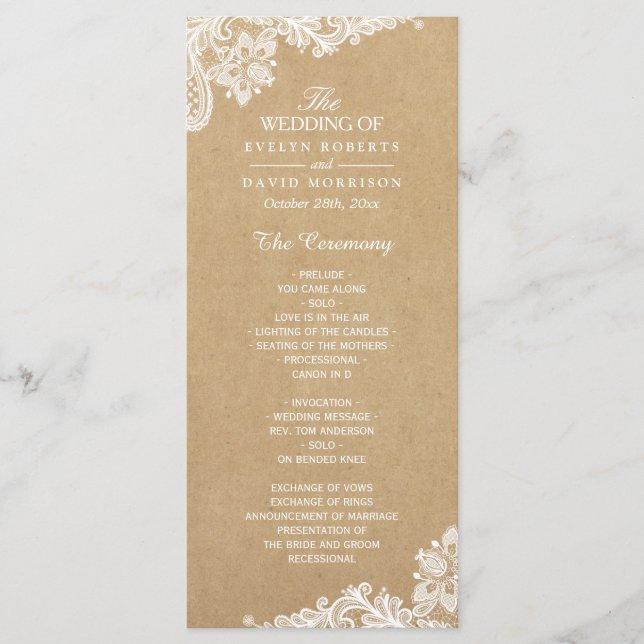Rustic Kraft Classy White Lace Wedding Program (Front)