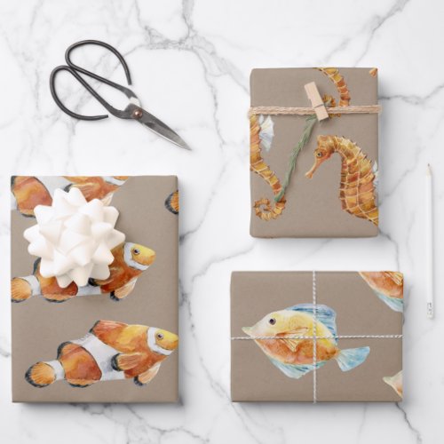 Rustic Kraft Clownfish  Seahorse Wrapping Paper Sheets