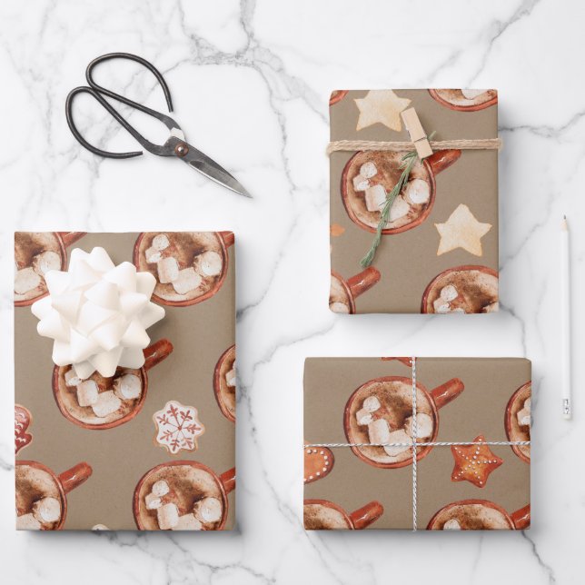Rustic Kraft Cozy Hot Cocoa And Cookies Wrapping Paper Sheets (Front)