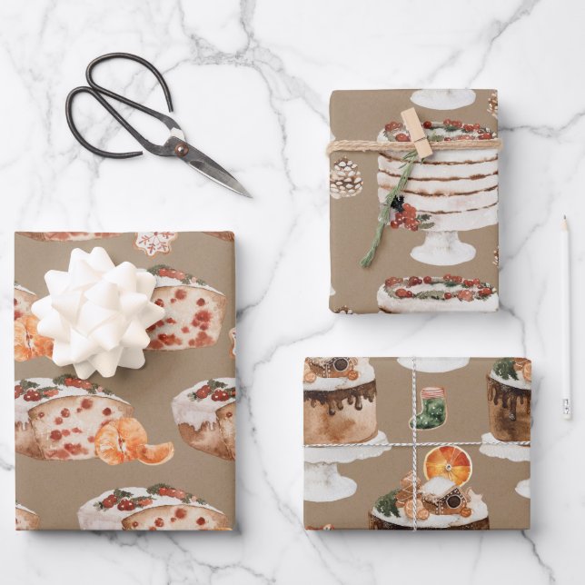Rustic Kraft Cranberry Loaf & Christmas Cakes Wrapping Paper Sheets (Front)