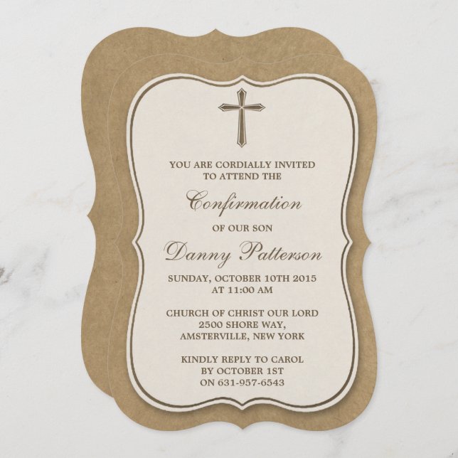 Rustic Kraft Cross Holy Communion Or Confirmation Invitation (Front/Back)