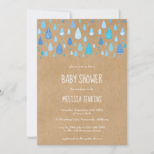 Rustic Kraft Cute Blue Raindrops Boy Baby Shower Invitation