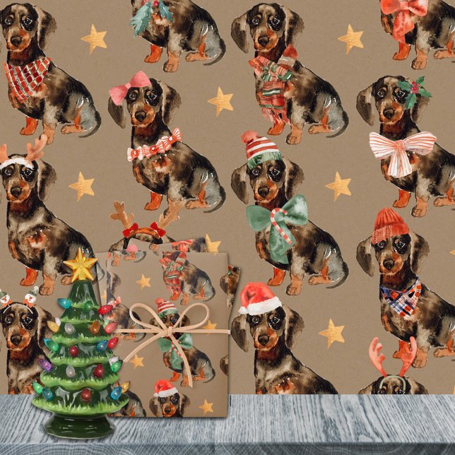 Rustic Kraft Dachshunds Christmas Party Wrapping Paper Sheets (Rustic Kraft Dachshunds Christmas Party Holiday Gift Wrapping Paper Sheets Trio)