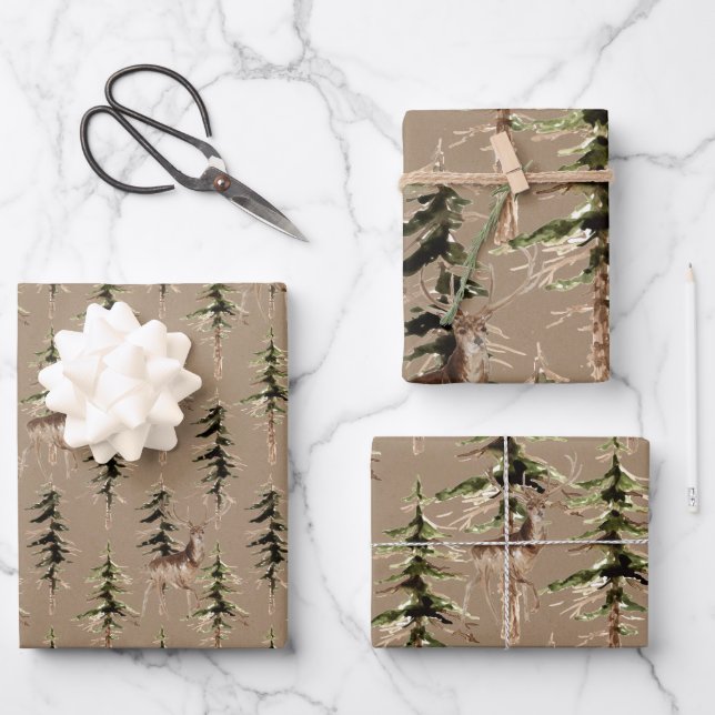 Rustic Kraft Deer In A Woodland Forest Wrapping Paper Sheets (Front)