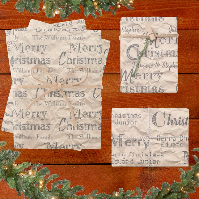 Rustic Kraft Distressed Gray Font Merry Christmas Wrapping Paper Sheets (Creator Uploaded)