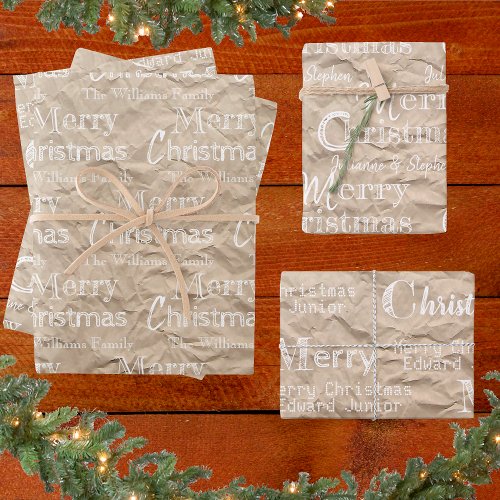 Rustic Kraft Distressed White Font Merry Christmas Wrapping Paper Sheets