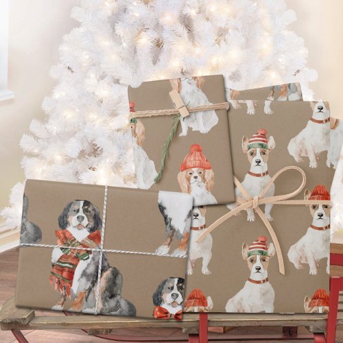 Rustic Kraft Dogs Dressed for Christmas Wrapping Paper Sheets
