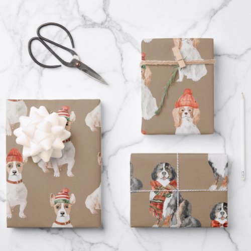 Rustic Kraft Dogs Dressed for Christmas Wrapping Paper Sheets