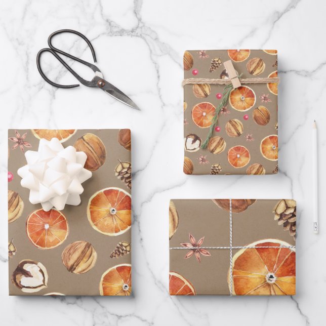Rustic Kraft Dried Orange Slices Spices & Cloves Wrapping Paper Sheets (Front)
