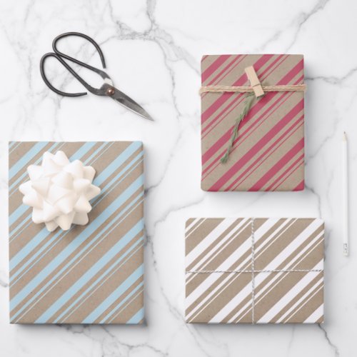 Rustic Kraft Dusty Blue Red White Candy Stripes Wrapping Paper Sheets