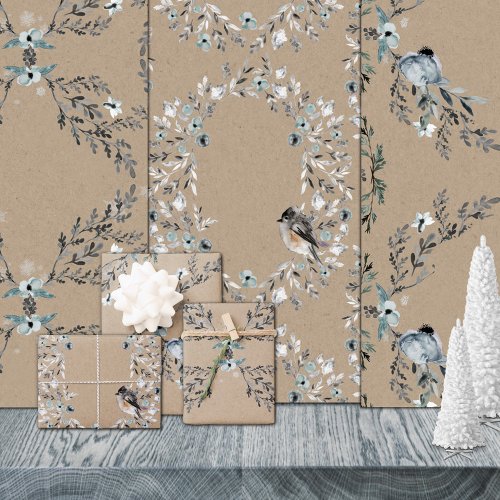 Rustic Kraft Dusty Blue Winter Florals  Birds Wrapping Paper Sheets