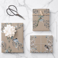 Rustic Kraft Dusty Blue Winter Florals & Birds Wrapping Paper Sheets