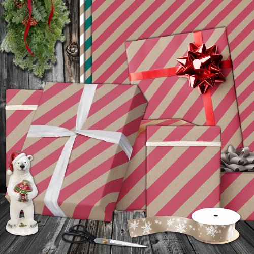 Rustic Kraft Dusty Red Wide Stripe Holiday Wrapping Paper